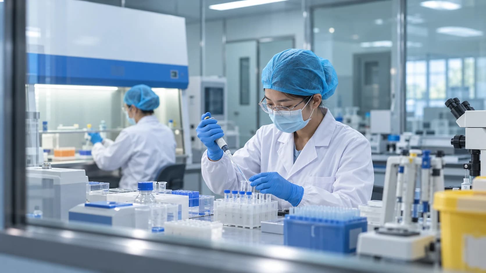 蓝白实验室中，工作人员在样本操作台使用移液器